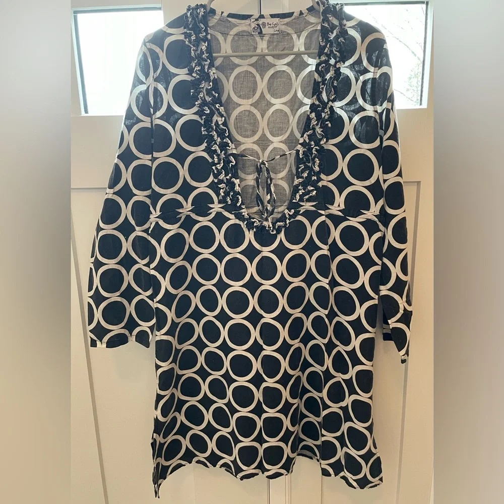Mud pie Tunic Dress Bag Lady large black white preppy ruffle Mudpie